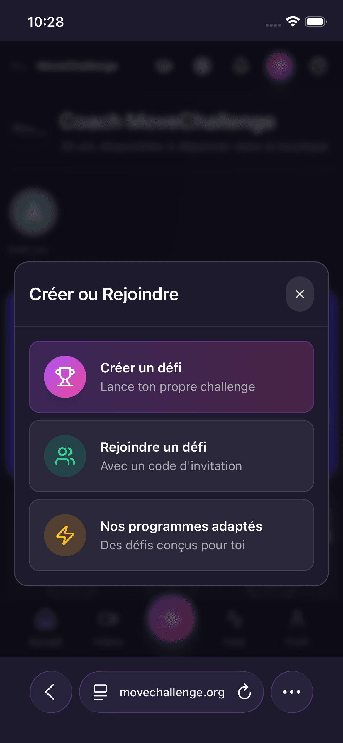 Écran permettant de créer ou rejoindre un défi MoveChallenge